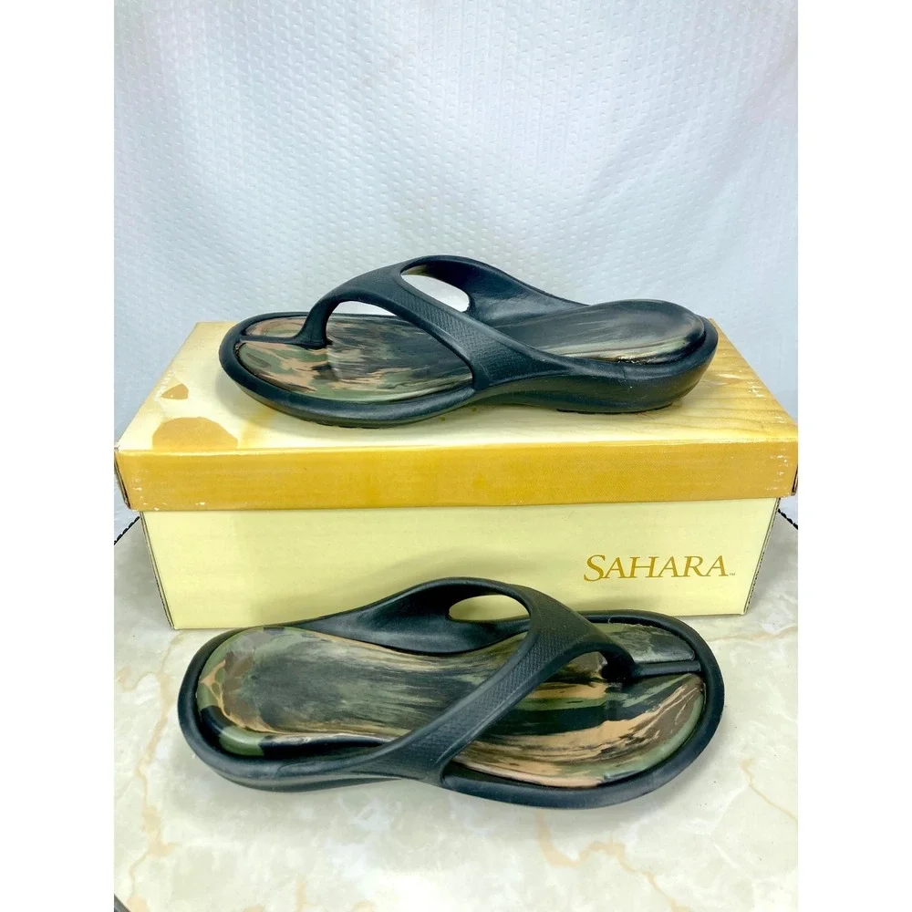 Sahara Camo Swirl Thong Flip Flop Sandals Kids 12 Black Green Casual Beach NWT